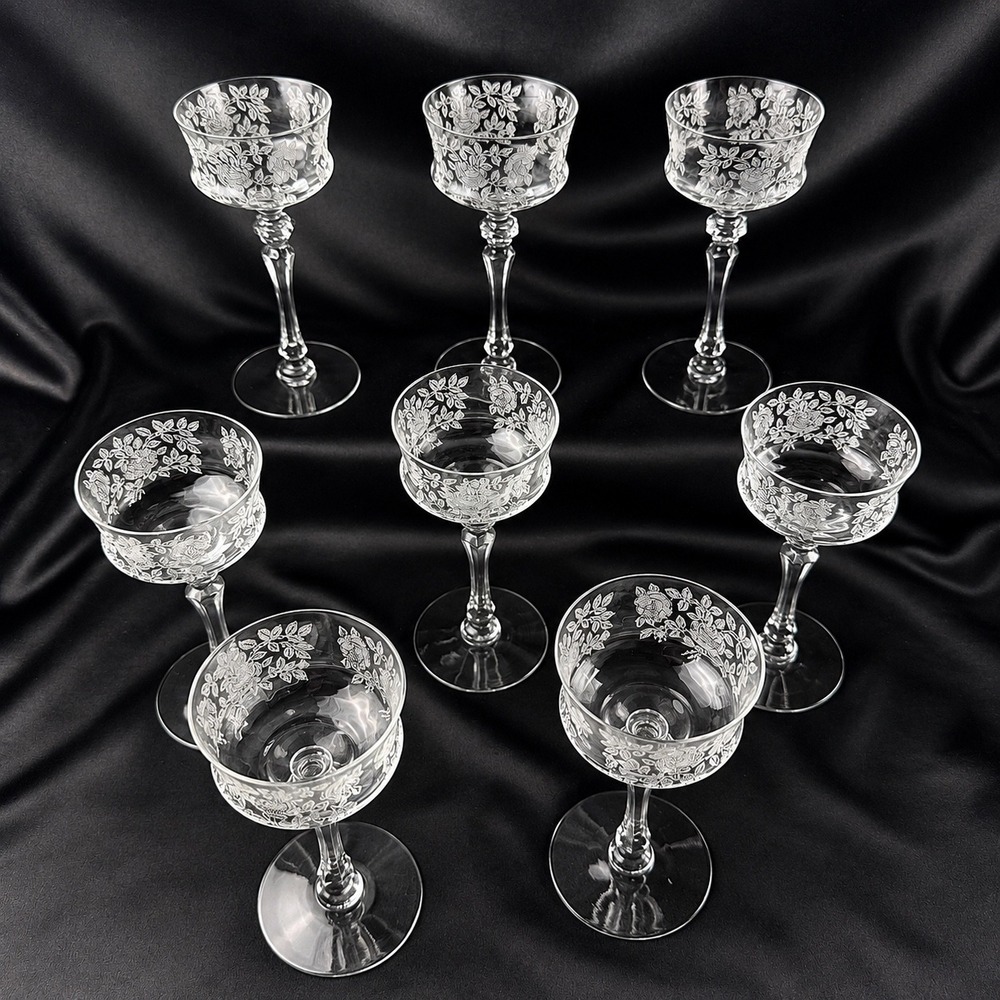 Tiffin Glass Co Etched Rose Cordial Glass 15074 Set of 8 Crystal 5.5"Very Small